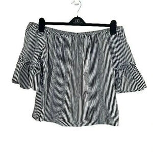 Ambiance Black/White Striped Off Shoulder Top Blouse bell sleeve Size 1X women'